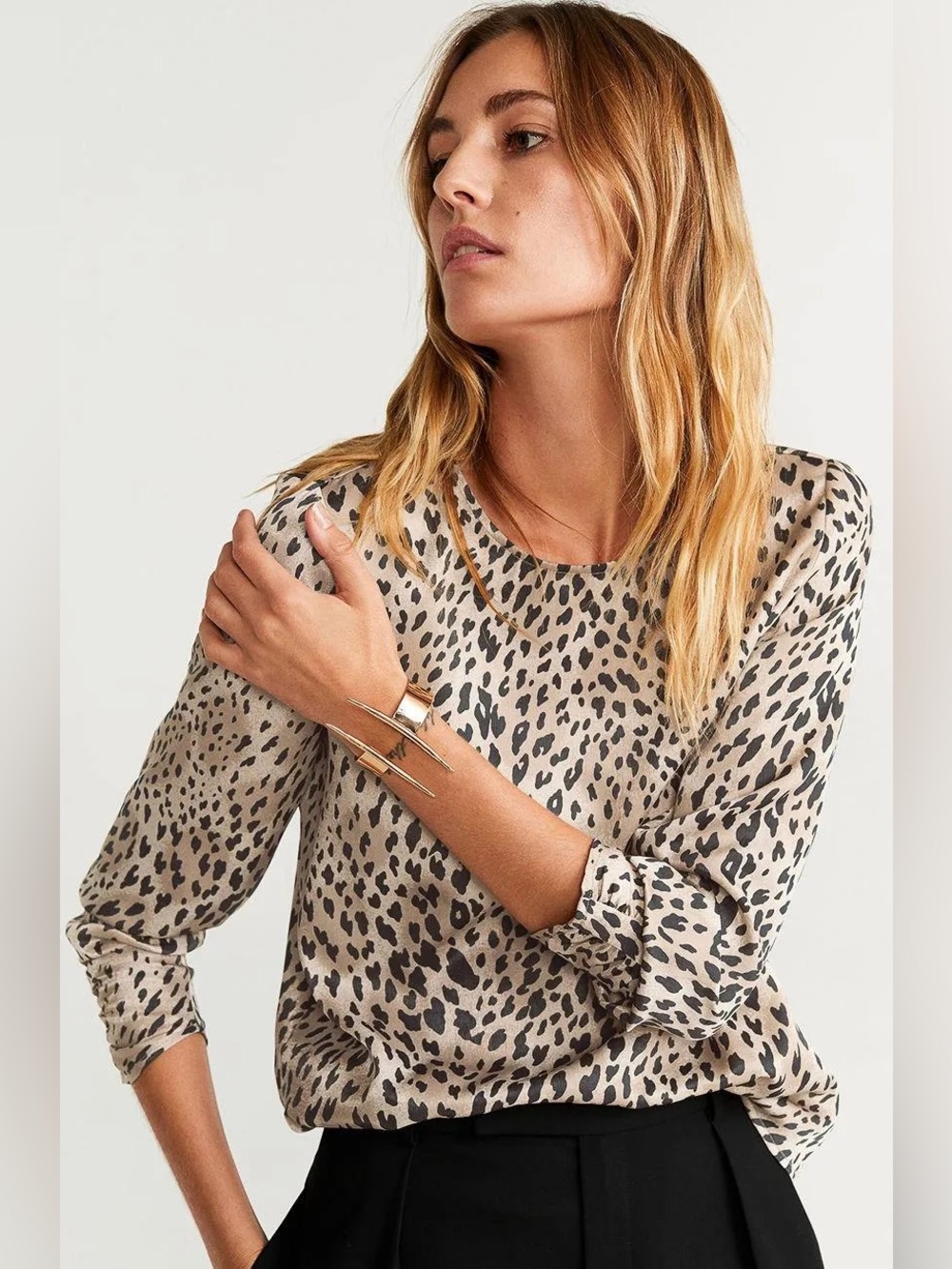 Mango Suit Women’s Beige and Black Leopard-Print Long-Sleeve Blouse Size:8 NWT